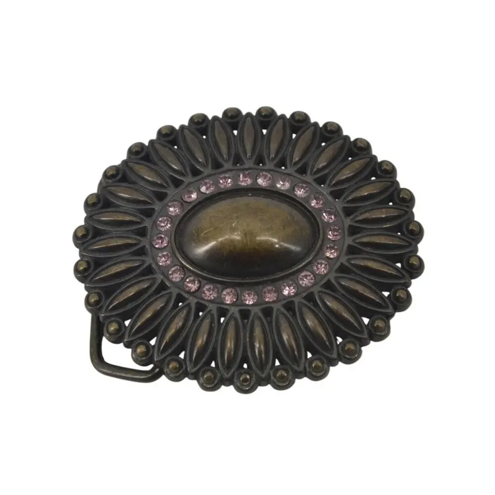 Belt Buckle Scalloped Rhinestone Antique Gold Oval Starburst
